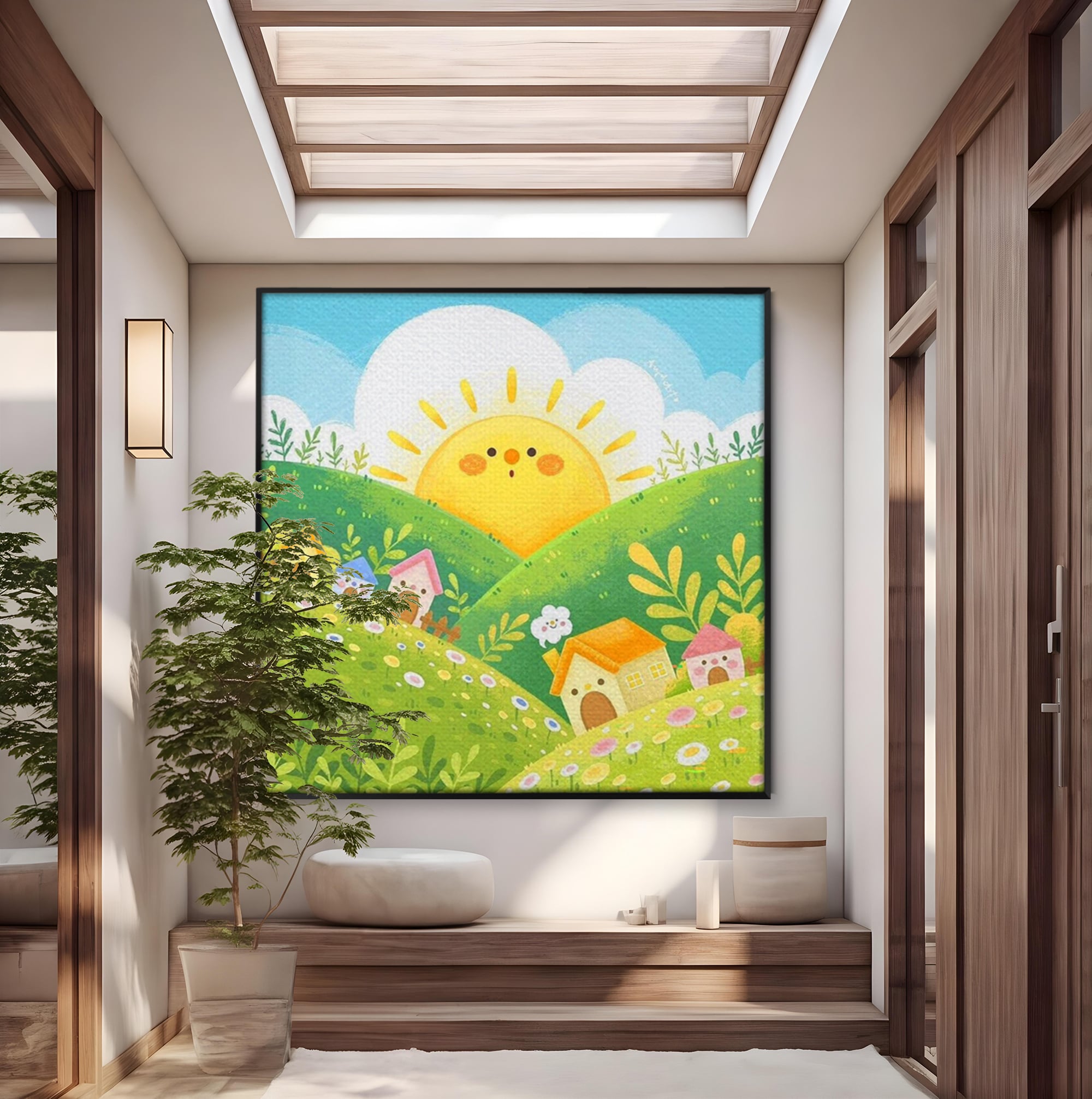 Tablou canvas cu ilustratie cu soare zambitor si casute, in rama de aluminiu negru